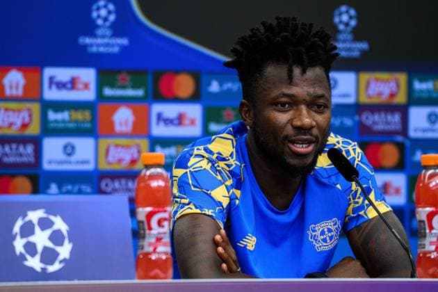 LEVERKUSEN, GERMANY - 30 SEPTEMBER, 2025: Edmond Tapsoba - UEFA Champions League, MD-1, press conference, PK, Pressekonferenz at BayArena.  Copyright: xx
