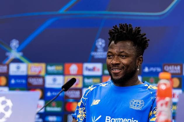 UEFA Champions League Press Conference Bayer 04 Leverkusen 30 09 2025 Edmond Tapsoba Bayer 04 Leverkusen, 12 during the Press Conference UEFA Champions League Press Conference Bayer 04 Leverkusen, Leverkusen, BayArena on 30 09 2025 Copyright: xBEAUTIFULxSPORTS Wunderlx
