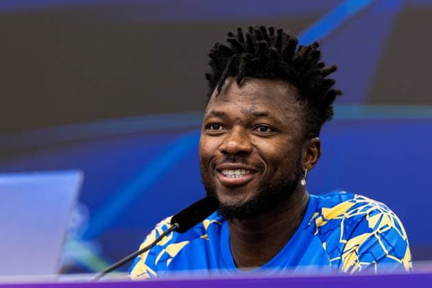 UEFA Champions League Press Conference Bayer 04 Leverkusen 30 09 2025 Edmond Tapsoba Bayer 04 Leverkusen, 12 smiles during the press conference UEFA Champions League Press Conference Bayer 04 Leverkusen, Leverkusen, BayArena on 30 09 2025 Copyright: xBEAUTIFULxSPORTS Wunderlx