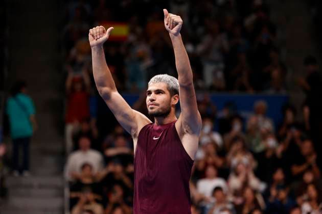 September 30, 2025, Tokyo, Japan: Carlos ALCARAZ (ESP) celebrates after winning against Taylor FRITZ (USA) during the Singles Final match of the Japan Open Tennis Championships at Ariake Colosseum in Tokyo. The tournament runs from September 22 to 30. Alcaraz defeated Fritz 6:4, 6:4. Tokyo Japan - ZUMAm191 20250930_aap_m191_037 Copyright: xRodrigoxReyesxMarinx