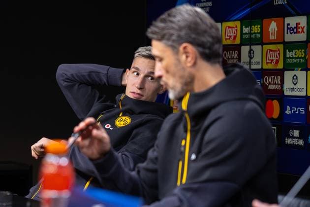 30 09 2025, Press conference for the UEFA Champions League match between Borussia Dortmund and Atletico Bilbao, f l Nico Schlotterbeck Borussia Dortmund , Coach Niko Kovac Borussia Dortmund , Dortmund Training ground Borussia Dortmund NRW Germany xRHR PHOTO DEx Copyright: DennisxEwert RHR-FOTOx RHR-FOTO DE