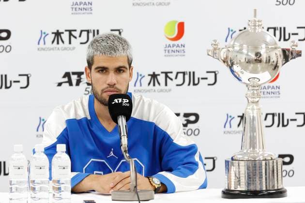 September 30, 2025, Tokyo, Japan: Carlos ALCARAZ attends a press conference, PK, Pressekonferenz after winning the singles final match at the Japan Open Tennis Championships at Ariake Colosseum in Tokyo. The tournament runs from September 22 to 30. Alcaraz defeated Taylor Fritz 6-4, 6-4. Tokyo Japan - ZUMAm191 20250930_aap_m191_048 Copyright: xRodrigoxReyesxMarinx