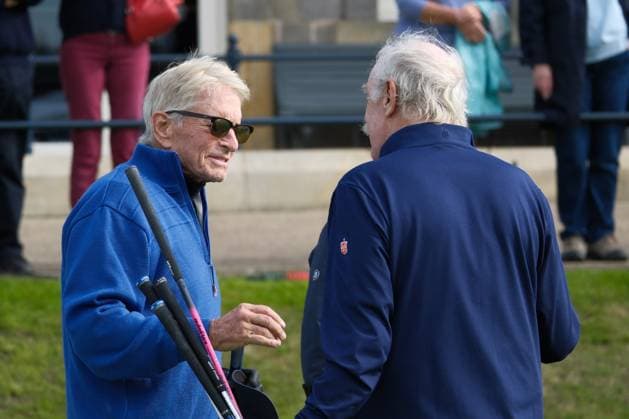 UK: The Alfred Dunhill Links Championship at The Old Course, St Andrews, Scotland on 30 September 2025: Pictured: Actor Michael Douglas with Football club owner and businessman Dermot Desmond during a practice round at the Alfred Dunhill Links Championship 2025 at the Old Course, St Andrews St Andrews The Old Course Scotland Copyright: xAlexxToddx