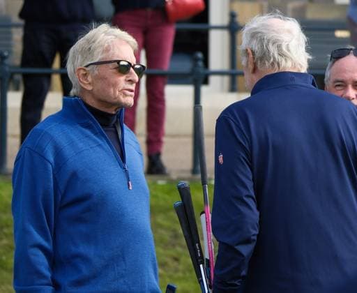 UK: The Alfred Dunhill Links Championship at The Old Course, St Andrews, Scotland on 30 September 2025: Pictured: Actor Michael Douglas with Football club owner and businessman Dermot Desmond during a practice round at the Alfred Dunhill Links Championship 2025 at the Old Course, St Andrews St Andrews The Old Course Scotland Copyright: xAlexxToddx