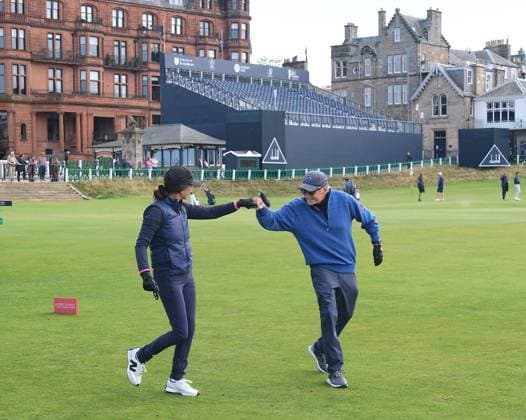 UK: The Alfred Dunhill Links Championship at The Old Course, St Andrews, Scotland on 30 September 2025: Pictured: Actress Catherine Zeta-Jones and her husband Actor Michael Douglas bump fists on the 1st fairway during a practice round at the Alfred Dunhill Links Championship 2025 at the Old Course, St Andrews St Andrews The Old Course Scotland Copyright: xAlexxToddx