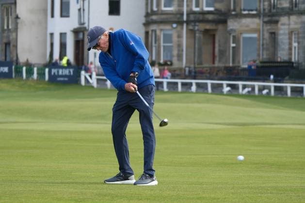 UK: The Alfred Dunhill Links Championship at The Old Course, St Andrews, Scotland on 30 September 2025: Pictured: Actor Michael Douglas on the 1st fairway during a practice round at the Alfred Dunhill Links Championship 2025 at the Old Course, St Andrews St Andrews The Old Course Scotland Copyright: xAlexxToddx
