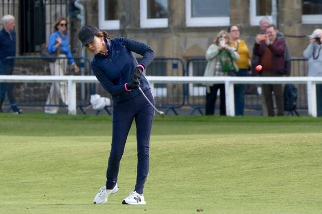 UK: The Alfred Dunhill Links Championship at The Old Course, St Andrews, Scotland on 30 September 2025: Pictured: Actress Catherine Zeta-Jones on the 1st fairway during a practice round at the Alfred Dunhill Links Championship 2025 at the Old Course, St Andrews St Andrews The Old Course Scotland Copyright: xAlexxToddx