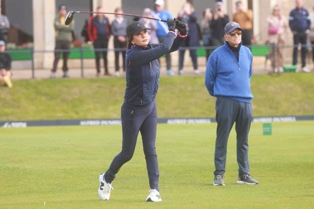 30th September 2025; The Old Course at St Andrews, Fife, Scotland; Alfred Dunhill Links Golf Championship, Practice Round; Actor Michael Douglas watches as his wife Actress Catherine Zeta-Jones plays her shot from the tee on the first hole of the Old Course, St Andrews during a practice round at the Alfred Dunhill Links Championship  DavidxYoung