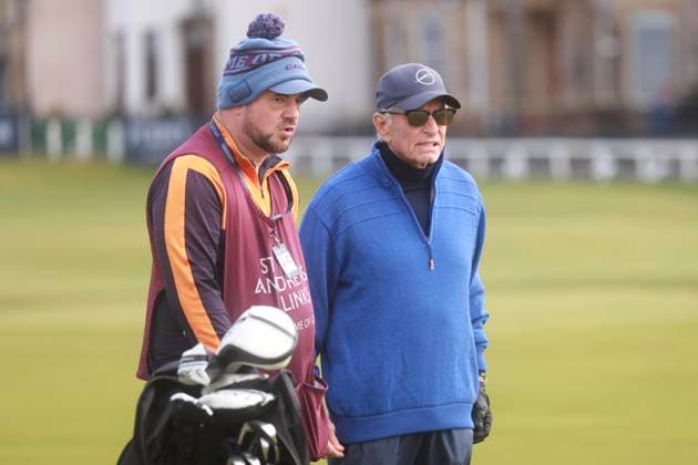 30th September 2025; The Old Course at St Andrews, Fife, Scotland; Alfred Dunhill Links Golf Championship, Practice Round; Actor Michael Douglas considers his second shot on the opening hole of the Old Course, St Andrews during a practice round at the Alfred Dunhill Links Championship  DavidxYoung