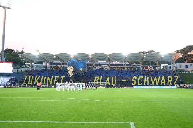 30 09 2025, xmohx, Soccer 3 Liga, 1 FC Saarbruecken MSV Duisburg v l Fans, Spectators, Jerseys, Atmosphere, Flags, Ultras, Saarbruecken Choreography Choreography DFL DFB REGULATIONS PROHIBIT ANY USE OF PHOTOGRAPHS as IMAGE SEQUENCES and or QUASI VIDEO Saarbruecken