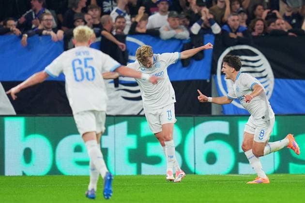 Brugge s Christos Tzolis celebrates after scoring 0-1 during the Uefa Champions League soccer match between Atalanta and Club Brugge at the New Balance Stadium in Bergamo , north Italy - Tuesday, September 30 , 2025. - Soccer .  Copyright: xSpada LaPressex