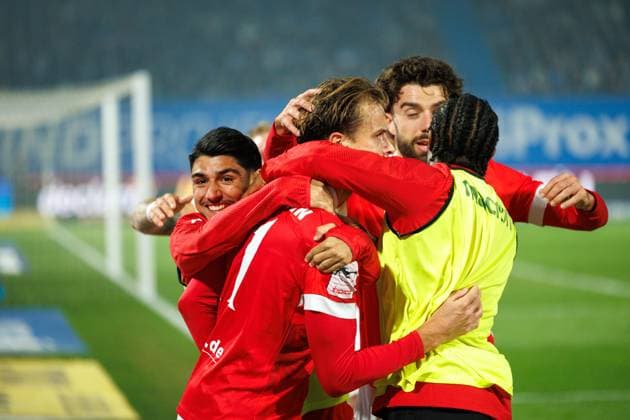 Goal celebration 0 1 Goalscorer Moritz Hannemann FCE GER, FC Hansa Rostock vs FC Energie Cottbus, Soccer, Men, 3 League, 09 Matchday, Season 2025 2026, 30 09 2025 Rostock Ostseestadion Mecklenburg Vorpommern Germany