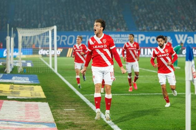 Goal celebration 0 1 Goalscorer Moritz Hannemann FCE GER, FC Hansa Rostock vs FC Energie Cottbus, Soccer, Men, 3 League, 09 Matchday, Season 2025 2026, 30 09 2025 Rostock Ostseestadion Mecklenburg Vorpommern Germany