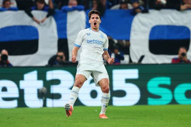 September 30, 2025, Bergamo, Lombardia: Brugge s Christos Tzolis celebrates after goal 0-1 during the UEFA Champions League soccer match between Atalanta BC and Club Brugge at the Bergamo Stadium in Bergamo, Italy, 30 September 2025..ANSA MICHELE MARAVIGLIA. Soccer: Champions League; Atalanta-Club Brugge  - ZUMAa110 20250930_zaf_a110_041 Copyright: xMichelexMaravigliax