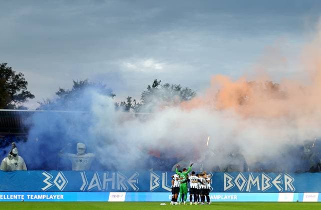 30 09 2025, Germany, Stuttgart, Soccer Regionalliga Südwest, SV Stuttgarter Kickers vs SGV Freiberg, 30 years Blue Bomber Kickers , Choreography