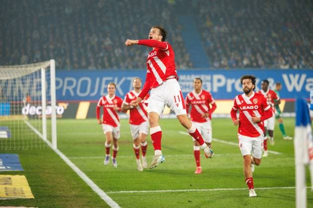 Goal celebration 0 1 Goalscorer no. 11 Moritz Hannemann FCE GER, FC Hansa Rostock vs FC Energie Cottbus, Football, Men, 3 League, 09 Matchday, Season 2025 2026, 30 09 2025 Rostock Ostseestadion Mecklenburg Vorpommern Germany