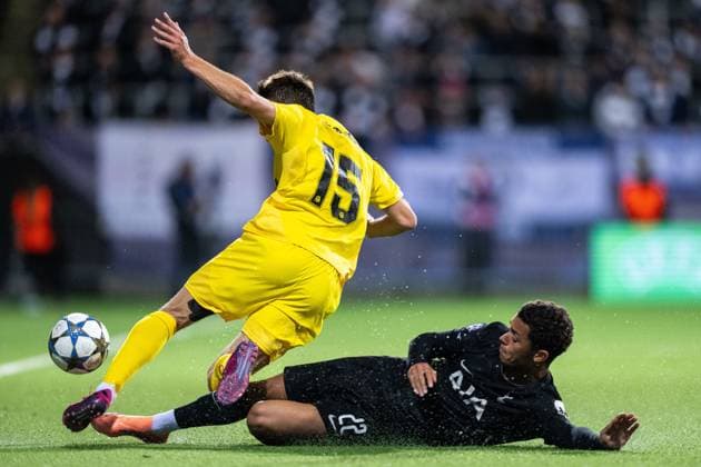 250930 Fredrik Bjorkan of Bodo Glimt and Brennan Johnson of Tottenham Hotspur during the UEFA Champions League football match between Bodo Glimt and Tottenham on September 30, 2025 in Bodo Photo Marius Simensen BILDBYRAN COP 238 MM0044 bbeng football fotball soccer uefa champions league mesterligaen bodo glimt tottenham hotspur spurs  Copyright: MARIUSxSIMENSEN BB250930BB838