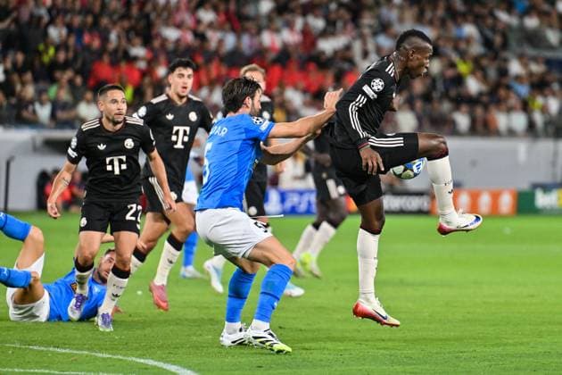UEFA Champions League Paphos FC FC Bayern Munich 30 09 2025 in duel David GOLDAR Paphos FC 5 and Nicolas JACKSON FC Bayern Munich 11 duel UEFA Champions League Paphos FC FC Bayern Munich Alphamega Stadium on 30 09 2025 Copyright: xBEAUTIFULxSPORTS Goldbergx