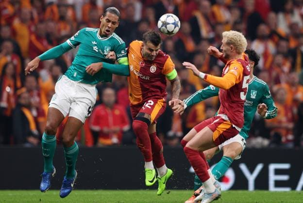 Virgil van Dijk of Liverpool and Abdülkerim Bardakci of Galatasaray challenge for a header Galatasaray v Liverpool, UEFA Champions League, Group Stage, Football, RAMS Park, Istanbul, Turkey - 30 Sep 2025Istanbul RAMS Park Turkey EDITORIAL USE ONLY No use with unauthorised audio, video, data, fixture lists, club league logos or live services. Online in-match use limited to 120 images, no video emulation. No use in betting, games or single club league player publications.  Copyright: xRaddadxJebarah Shutterstockx 15504034be