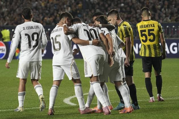 Kairat Almaty v Real Madrid - UEFA Champions League ALMATY, KAZAKHSTAN - SEPTEMBER 30: Real Madrid’s players celebrate scoring Brahim Diaz s goal during the UEFA Champions League group stage match between Kairat Almaty and Real Madrid at Almaty Ortalyk Stadion in Almaty, Kazakhstan on September 30, 2025. Turar Kazangapov Anadolu Almaty Kazakhstan. Editorial use only. Please get in touch for any other usage.  Copyright: x2025xAnadoluxTurarxKazangapovx