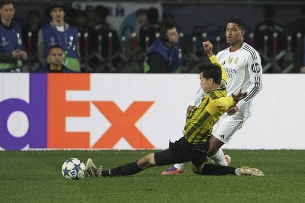 Kairat Almaty v Real Madrid - UEFA Champions League ALMATY, KAZAKHSTAN - SEPTEMBER 30: Real Madrid’s Jude Bellingham (5) battles for the ball with Kairat Almaty player during the UEFA Champions League group stage match between Kairat Almaty and Real Madrid at Almaty Ortalyk Stadion in Almaty, Kazakhstan on September 30, 2025. Turar Kazangapov Anadolu Almaty Kazakhstan. Editorial use only. Please get in touch for any other usage.  Copyright: x2025xAnadoluxTurarxKazangapovx