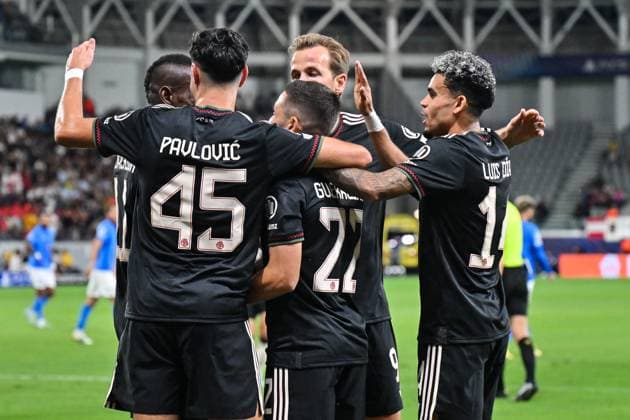 UEFA Champions League Paphos FC FC Bayern München 30 09 2025 Cheers after Raphael GUERREIRO FC Bayern Muenchen 22 Goal Goalscorer Joy Happy UEFA Champions League Paphos FC FC Bayern München Alphamega Stadium on 30 09 2025 Copyright: xBEAUTIFULxSPORTS Goldbergx