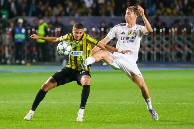 KAZAKHSTAN, ALMATY - SEPTEMBER 30, 2025: FC Kairatâ€™s Edmilson (L) and Real Madridâ€™s Dean Huijsen in a 2025-26 UEFA Champions League League Phase Matchday 2 football match between FC Kairat and Real Madrid at Central Stadium. Alikhan Sariyev TASS  84473874
