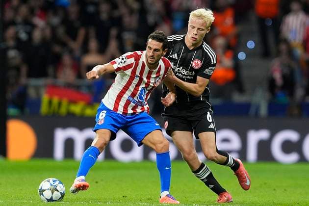 ATLETICO DE MADRID v EINTRACHT FRANKFURT. CHAMPIONS LEAGUE 2025 2026. ROUND 2 MATCH. Atletico de Madrid s Koke Resurreccion (l) and Eintracht Frankfurt s Oscar Hojlund during Champions League 2025 2026, Round 2 match. September 30 ,2025. (ALTERPHOTOS Acero) MadridSpain  Copyright: xAcerox