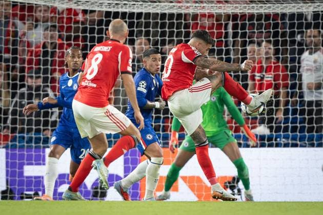 30th September 2025; Stamford Bridge, Chelsea, London, England: Champions League Football, Chelsea versus Benfica; Nicol& xe1;s Otamendi of Benfica shoots at goal, saved by Robert Sanchez of Chelsea  IanxStephen