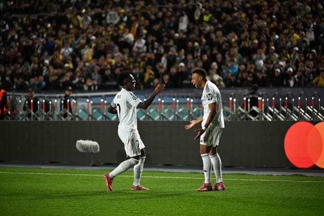 (251001) -- ALMATY, Oct. 1, 2025 -- Kylian Mbappe (R) and Vinicius Junior of Real Madrid celebrate a goal during the UEFA Champions League match between Kairat Almaty and Real Madrid in Almaty, Kazakhstan, on Sept. 30, 2025. ) (SP)KAZAKHSTAN-ALMATY-FOOTBALL-UEFA CHAMPIONS LEAGUE-KAIRAT ALMATY VS REAL MADRID LixRenzi 