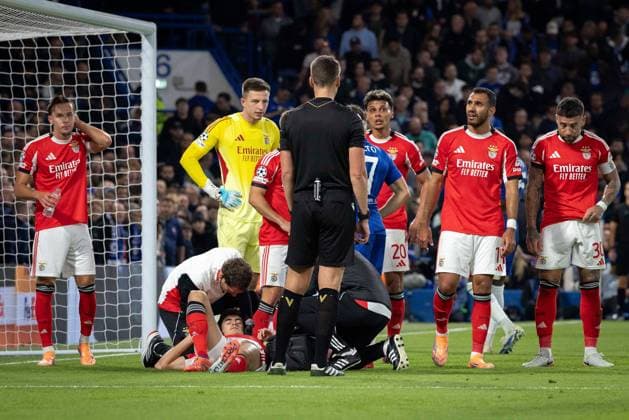 30th September 2025; Stamford Bridge, Chelsea, London, England: Champions League Football, Chelsea versus Benfica; Antonio Silva of Benfica is injured during a collision and subsequent bad fall in front of goal  IanxStephen