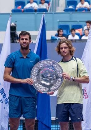 (251001) -- BEIJING, Oct. 1, 2025 -- Karen Khachanov Andrey Rublev (R) of Russia pose for photos during the award ceremony for the men s doubles final match between Harri Heliovaara(Finland) Henry Patten (Britain) and Karen Khachanov Andrey Rublev of Russia at 2025 China Open tennis tournament in Beijing, China, Oct. 1, 2025. ) (SP)CHINA-BEIJING-TENNIS-CHINA OPEN-MEN S DOUBLES-FINAL(CN) HuxJingwen 