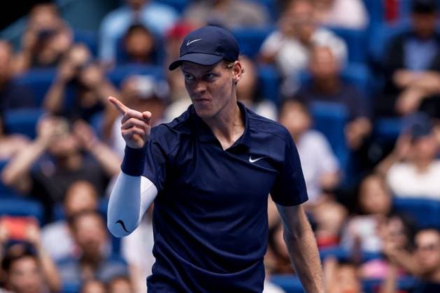 BEIJING, CHINA - OCTOBER 01: Jannik Sinner of Italy reacts in the Men s Singles Final match against Learner Tien of the United States on day 10 of the 2025 China Open at the National Tennis Center on October 1, 2025 in Beijing, China.  Copyright: xVCGx 111594392616