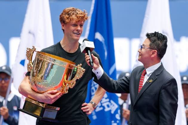 BEIJING, CHINA - OCTOBER 01: Champion Jannik Sinner of Italy speaks in an interview after the Men s Singles Final match on day 10 of the 2025 China Open at the National Tennis Center on October 1, 2025 in Beijing, China.  Copyright: xVCGx 111594390971