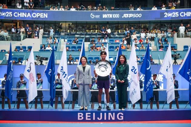 BEIJING, CHINA - OCTOBER 01: Runner-up Learner Tien of the United States poses with trophy after the Men s Singles Final match on day 10 of the 2025 China Open at the National Tennis Center on October 1, 2025 in Beijing, China.  Copyright: xVCGx 111594390068
