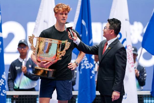 BEIJING, CHINA - OCTOBER 01: Champion Jannik Sinner of Italy speaks in an interview after the Men s Singles Final match on day 10 of the 2025 China Open at the National Tennis Center on October 1, 2025 in Beijing, China.  Copyright: xVCGx 111594390937