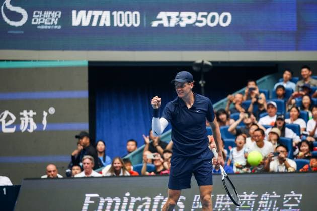 BEIJING, CHINA - OCTOBER 01: Jannik Sinner of Italy reacts in the Men s Singles Final match against Learner Tien of the United States on day 10 of the 2025 China Open at the National Tennis Center on October 1, 2025 in Beijing, China.  Copyright: xVCGx 111594389036