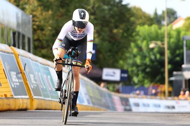 Dutch Megan Arens pictured in action during the 12,2 km time trial of the Women junior category at the UEC road European cycling championships, Wednesday 01 October 2025, in Loriol-sur-Drome, France. The European cycling championships Drome-Ardeche takes place from 1 to 5 October, France. DAVIDxPINTENS  x135797391x
