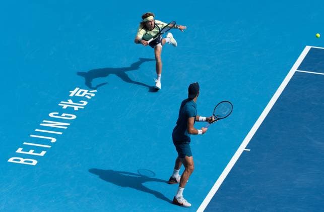 (251001) -- BEIJING, Oct. 1, 2025 -- Karen Khachanov Andrey Rublev (Top) compete during the men s doubles final match between Harri Heliovaara(Finland) Henry Patten (Britain) and Karen Khachanov Andrey Rublev of Russia at 2025 China Open tennis tournament in Beijing, China, Oct. 1, 2025. ) (SP)CHINA-BEIJING-TENNIS-CHINA OPEN-MEN S DOUBLES-FINAL(CN) HuxJingwen 