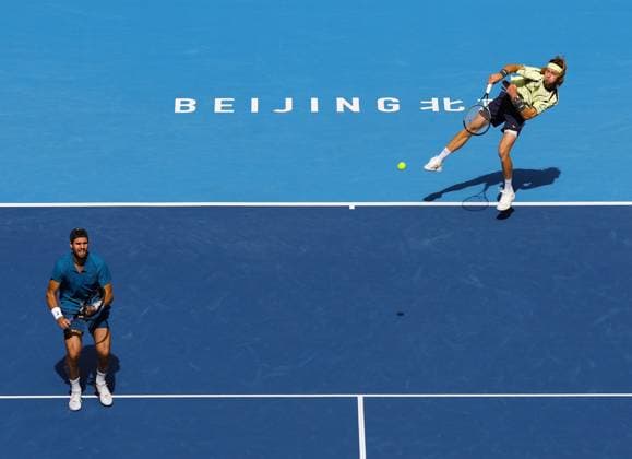 (251001) -- BEIJING, Oct. 1, 2025 -- Karen Khachanov Andrey Rublev (R) compete the men s doubles final match between Harri Heliovaara(Finland) Henry Patten (Britain) and Karen Khachanov Andrey Rublev of Russia at 2025 China Open tennis tournament in Beijing, China, Oct. 1, 2025. ) (SP)CHINA-BEIJING-TENNIS-CHINA OPEN-MEN S DOUBLES-FINAL(CN) DuxXinyi 