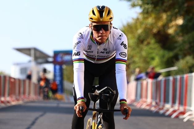 Belgian Remco Evenepoel arrives before the 24 km time trial of the Men Elite category at the UEC road European cycling championships, Wednesday 01 October 2025, in Loriol-sur-Drome, France. The European cycling championships Drome-Ardeche takes place from 1 to 5 October, France. DAVIDxPINTENS  x135801151x