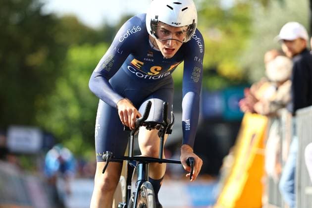 Spanish Enaut Urkaregi Sanz pictured in action during the 24 km time trial of the men junior category at the UEC road European cycling championships, Wednesday 01 October 2025, in Loriol-sur-Drome, France. The European cycling championships Drome-Ardeche takes place from 1 to 5 October, France. DAVIDxPINTENS  x135802658x