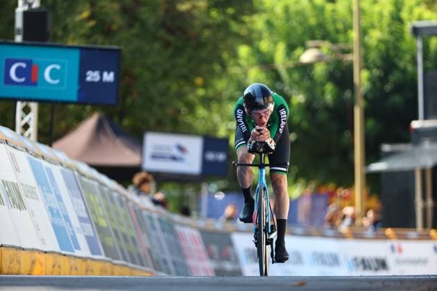 Irish Conor Murphy pictured in action during the 24 km time trial of the men junior category at the UEC road European cycling championships, Wednesday 01 October 2025, in Loriol-sur-Drome, France. The European cycling championships Drome-Ardeche takes place from 1 to 5 October, France. DAVIDxPINTENS  x135807668x