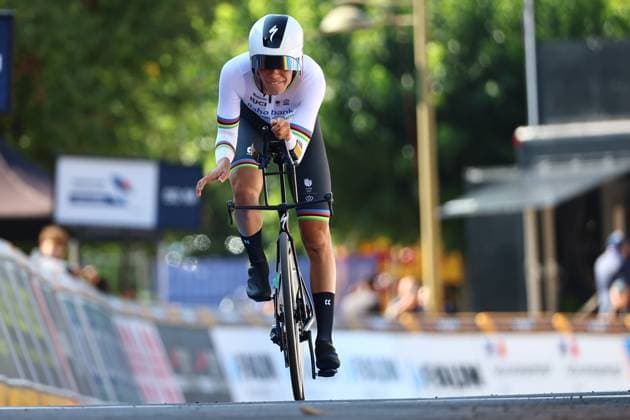 Dutch Michiel Mouris pictured in action during the 24 km time trial of the men junior category at the UEC road European cycling championships, Wednesday 01 October 2025, in Loriol-sur-Drome, France. The European cycling championships Drome-Ardeche takes place from 1 to 5 October, France. DAVIDxPINTENS  x135807713x