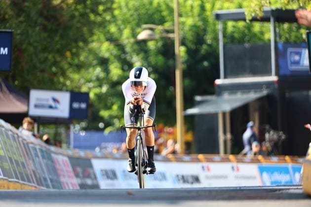 Dutch Michiel Mouris pictured in action during the 24 km time trial of the men junior category at the UEC road European cycling championships, Wednesday 01 October 2025, in Loriol-sur-Drome, France. The European cycling championships Drome-Ardeche takes place from 1 to 5 October, France. DAVIDxPINTENS  x135807780x