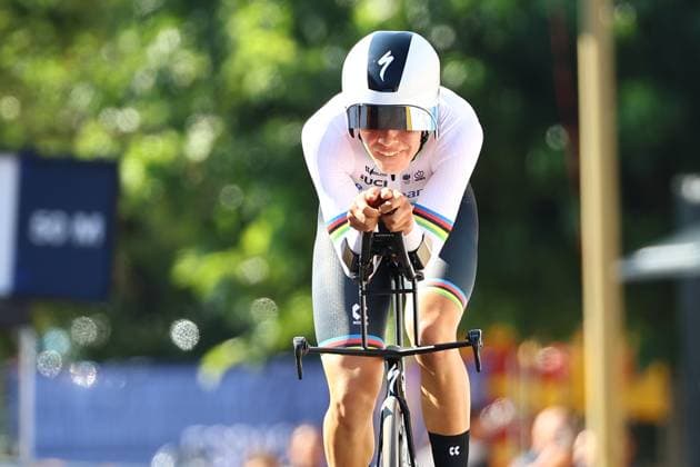 Dutch Michiel Mouris pictured in action during the 24 km time trial of the men junior category at the UEC road European cycling championships, Wednesday 01 October 2025, in Loriol-sur-Drome, France. The European cycling championships Drome-Ardeche takes place from 1 to 5 October, France. DAVIDxPINTENS  x135807855x