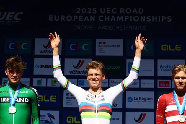 Irish Conor Murphy, Dutch Michiel Mouris and Danish Lovstrup Julius Birkedal celebrate on the podium after winning the 24 km time trial of the men junior category at the UEC road European cycling championships, Wednesday 01 October 2025, in Loriol-sur-Drome, France. The European cycling championships Drome-Ardeche takes place from 1 to 5 October, France. DAVIDxPINTENS  x135808251x
