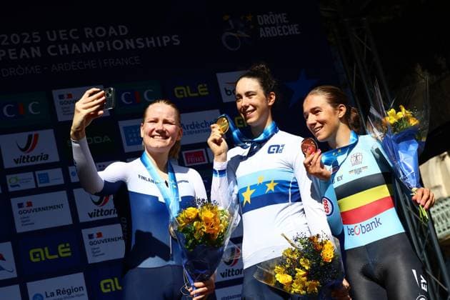 Finnish Anniina Ahtosalo, Italian Federica Venturelli and Belgian Luca Vierstraete celebrate on the podium of the 24 km time trial of the Women U23 category at the UEC road European cycling championships, Wednesday 01 October 2025, in Loriol-sur-Drome, France. The European cycling championships Drome-Ardeche takes place from 1 to 5 October, France. DAVIDxPINTENS  x135814693x
