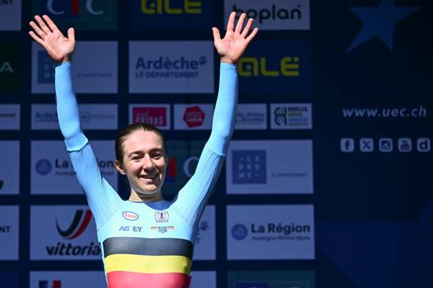 UEC 2025 Road European Championship, EM, Europameisterschaft Drome-Ardeche 01 10 2025 iETOILE-SUR-RHONE, FRANCE - OCTOBER 01 : Vierstraete Luca (Belgium) during the podium ceremony of the Women U23 Individual Time Trial of the 2025 UEC Road European Championship Drome-Ardeche 10th edition an UCI Continental Championships cycling race of 24 km with start in Loriol-sur-Drome and finish in Etoile-sur-Rhone on October 1, 2025 in Etoile-sur-Rhone, France, 01 10 2025 Etoile-sur-Rhone France  Copyright: xVincentxKalutx