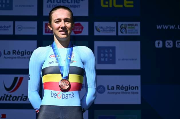 UEC 2025 Road European Championship, EM, Europameisterschaft Drome-Ardeche 01 10 2025 iETOILE-SUR-RHONE, FRANCE - OCTOBER 01 : Vierstraete Luca (Belgium) during the podium ceremony of the Women U23 Individual Time Trial of the 2025 UEC Road European Championship Drome-Ardeche 10th edition an UCI Continental Championships cycling race of 24 km with start in Loriol-sur-Drome and finish in Etoile-sur-Rhone on October 1, 2025 in Etoile-sur-Rhone, France, 01 10 2025 Etoile-sur-Rhone France  Copyright: xVincentxKalutx